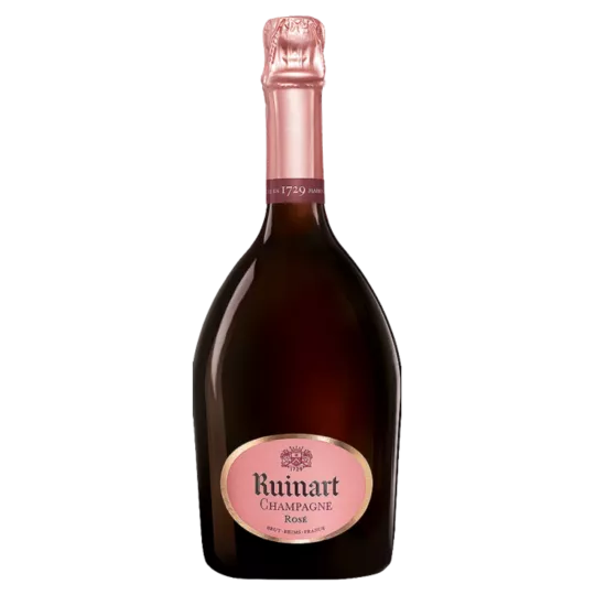Bouteille de Champagne Ruinart Brut Rosé – robe corail, étiquette emblématique