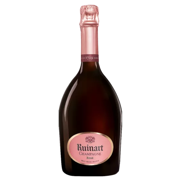 Bouteille de Champagne Ruinart Brut Rosé – robe corail, étiquette emblématique