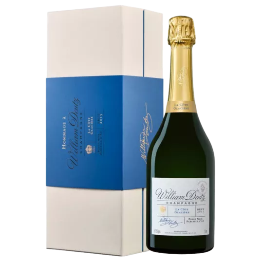Bouteille de Champagne Deutz La Côte Glacière 2015, vue de face, étiquette blanche, capsule dorée