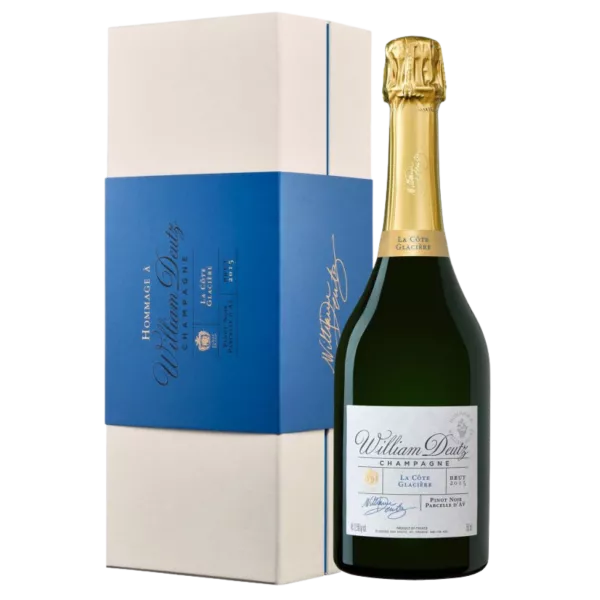 Bouteille de Champagne Deutz La Côte Glacière 2015, vue de face, étiquette blanche, capsule dorée