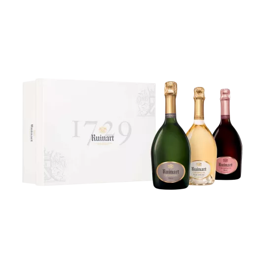 RUINART Coffret 3 bouteilles, Cuvée “R” de Ruinart, Blanc De Blancs, Brut Rosé