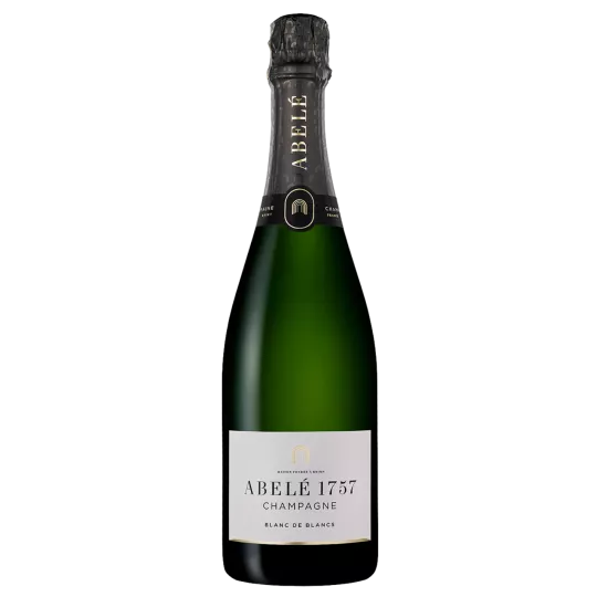 Bouteille de Champagne Abelé 1757 Blanc de Blancs Brut, vue de face, étiquette blanche et noire sur fond doré