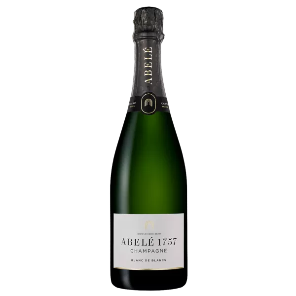 Bouteille de Champagne Abelé 1757 Blanc de Blancs Brut, vue de face, étiquette blanche et noire sur fond doré