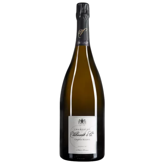 Bouteille de Champagne Vilmart Grande Réserve Premier Cru, capsule noire, étiquette blanche, présentée debout