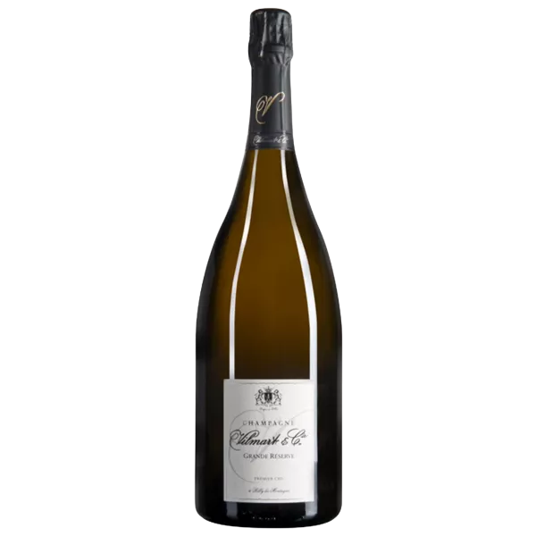 Bouteille de Champagne Vilmart Grande Réserve Premier Cru, capsule noire, étiquette blanche, présentée debout