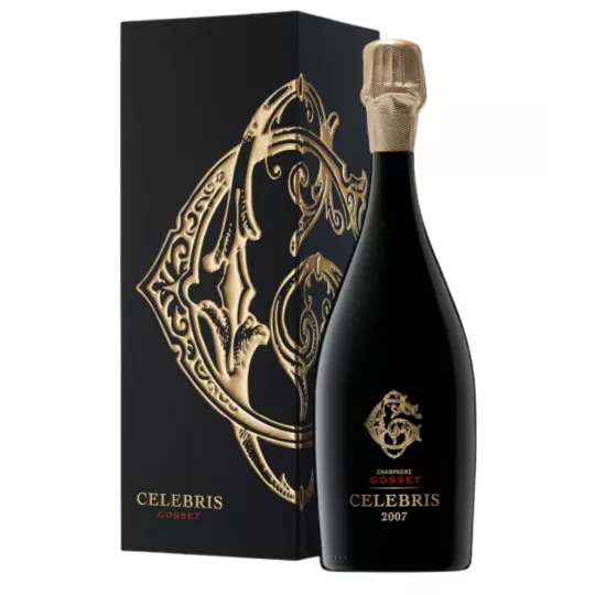 Bouteille de Champagne Gosset Célébris Millésime 2008 Brut, vue de face, étiquette noire et dorée
