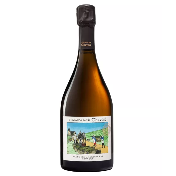 Bouteille de Champagne Chavost Blanc de Chardonnay Extra-Brut, 100 % Chardonnay sans sulfites, vinifié naturellement.