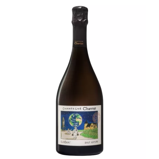 Bouteille de Champagne Chavost Eurêka Brut Nature, étiquette colorée, vue de face