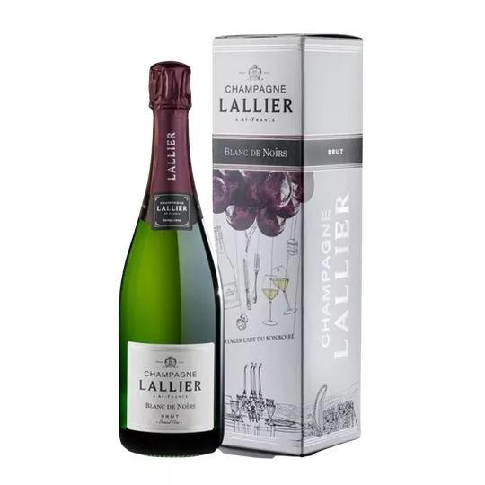 Bouteille de Champagne Lallier Blanc de Noirs Brut Grand Cru 75cl, étiquette blanche, avec son étui illustré.