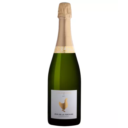 Bouteille de Champagne Jean de la Fontaine L’éloquente Brut, 75cl, capsule dorée, étiquette blanche avec coq doré, vue de face