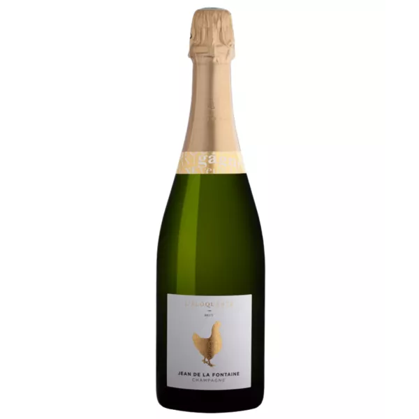 Bouteille de Champagne Jean de la Fontaine L’éloquente Brut, 75cl, capsule dorée, étiquette blanche avec coq doré, vue de face