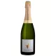 Bouteille de Champagne Jean de la Fontaine L’éloquente Brut, 75cl, capsule dorée, étiquette blanche avec coq doré, vue de face