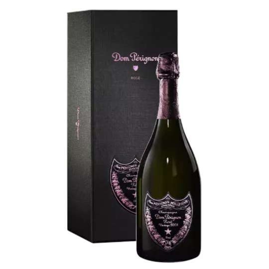 Bouteille de Champagne Dom Pérignon Rosé 2008 avec étiquette rose, vue de face