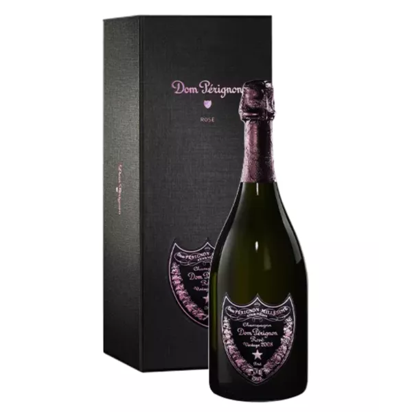 Bouteille de Champagne Dom Pérignon Rosé 2008 avec étiquette rose, vue de face