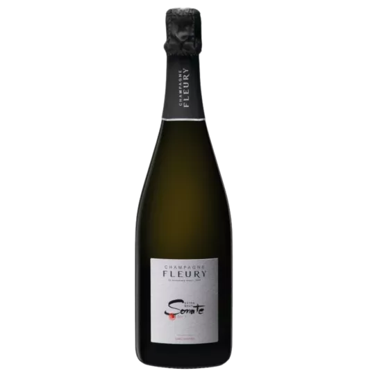 Bouteille de Champagne Fleury Sonate Extra-Brut 2013, étiquette blanche, vue de face