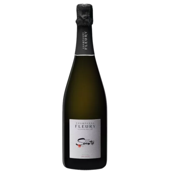 Bouteille de Champagne Fleury Sonate Extra-Brut 2013, étiquette blanche, vue de face