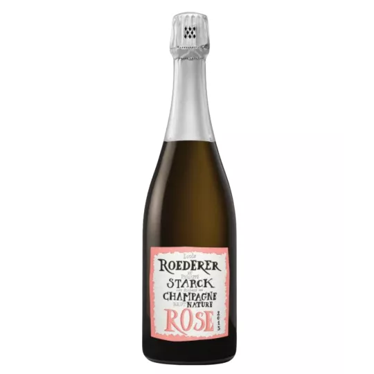 Bouteille de Champagne Louis Roederer Starck Rosé 2015, étiquette blanche et rose, vue de face