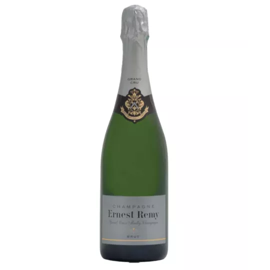 Bouteille de Champagne Ernest Remy Brut Blanc de Noirs, étiquette argentée, vue de face