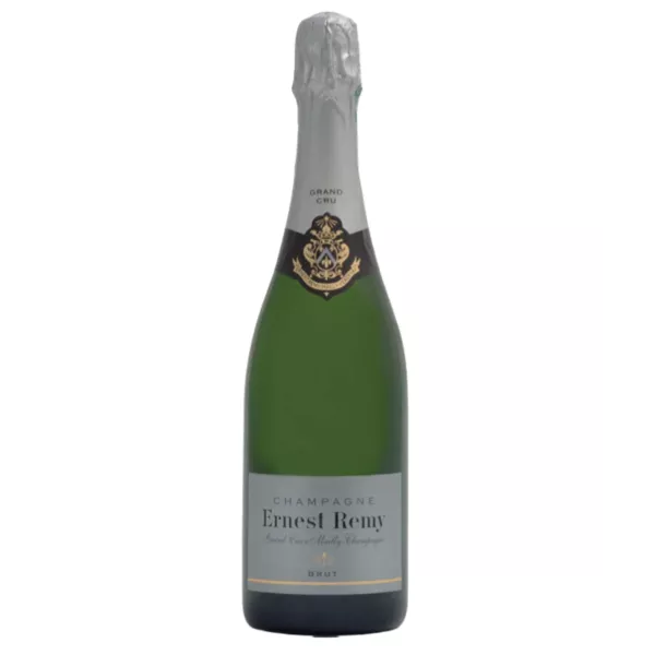Bouteille de Champagne Ernest Remy Brut Blanc de Noirs, étiquette argentée, vue de face