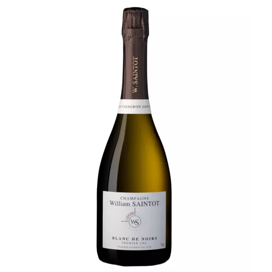 Une bouteille élégante de Champagne WILLIAM SAINTOT Blanc de Noirs, prête à être dégustée.