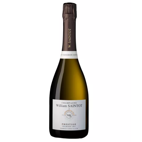 Magnum de Champagne William Saintot Prestige, bouteille de 1,5L, étiquette blanche, capsule dorée, vue de face