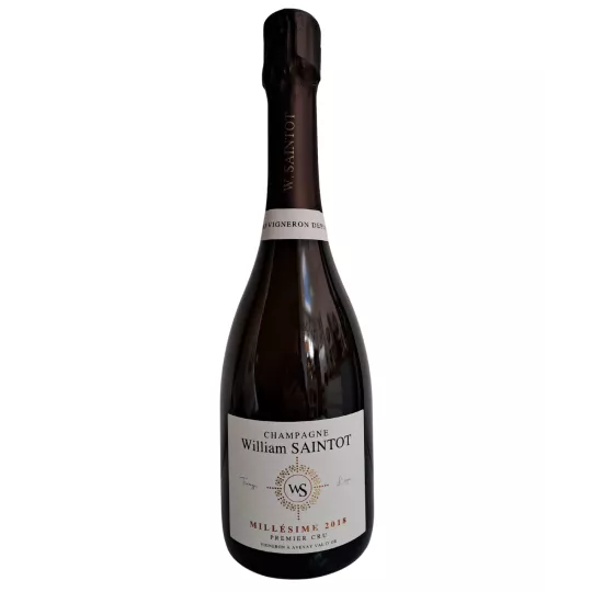 Bouteille de Champagne William Saintot Millésime 2018, étiquette blanche, vue de face