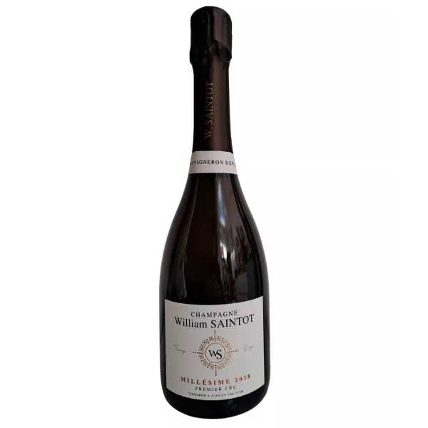 Bouteille de Champagne William Saintot Millésime 2018, étiquette blanche, vue de face
