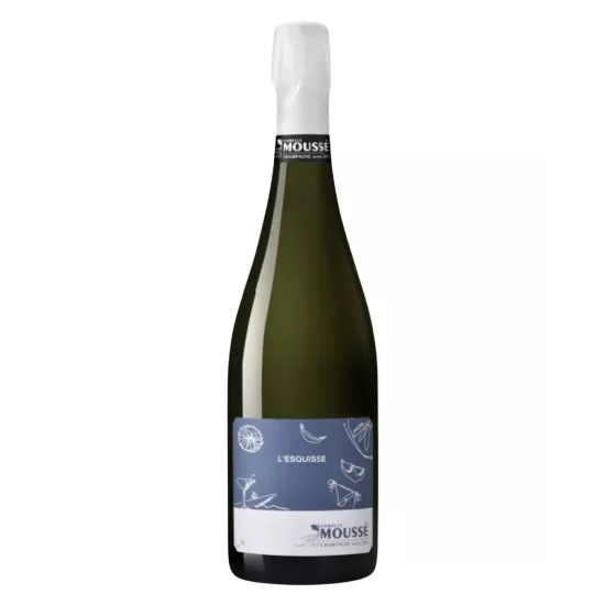Bouteille de Champagne Moussé L’Esquisse, étiquette bleue, vue de face