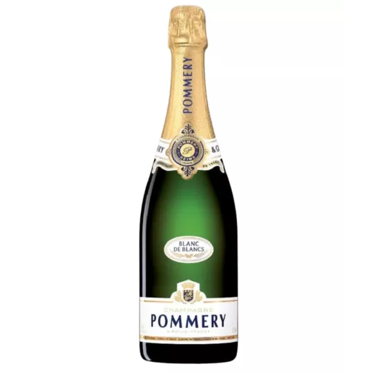 Bouteille de Champagne Pommery Apanage Blanc de Blancs, vue de face, étiquette blanche et dorée