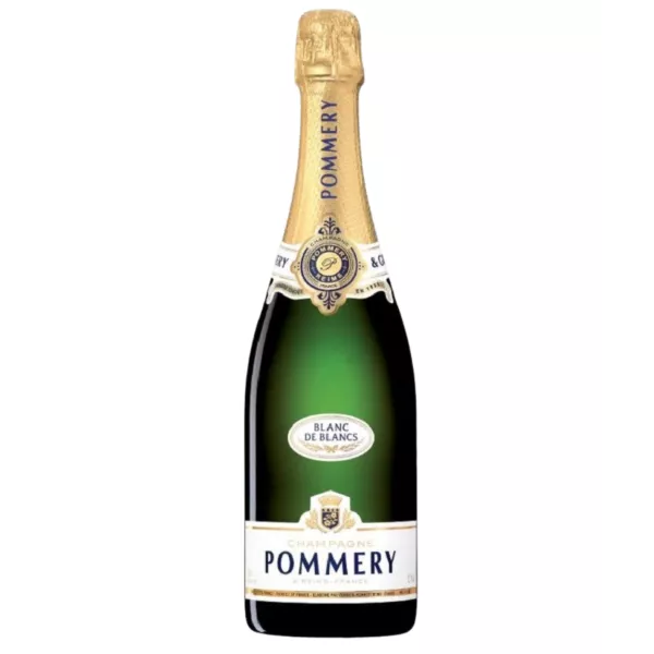 Bouteille de Champagne Pommery Apanage Blanc de Blancs, vue de face, étiquette blanche et dorée