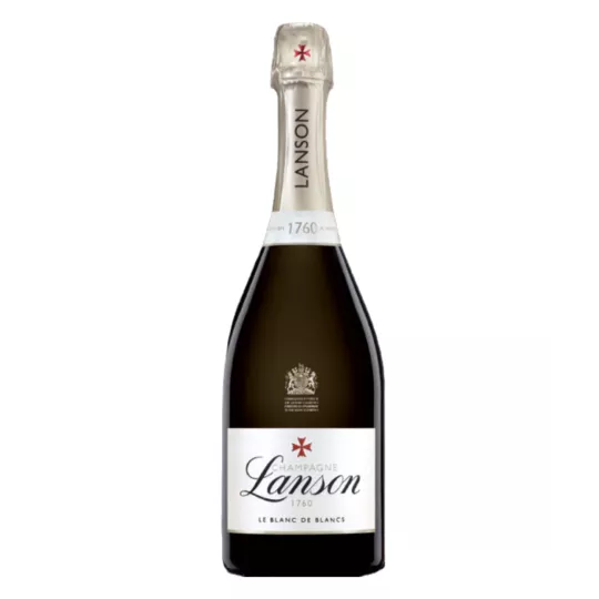 Bouteille de Champagne Lanson Le Blanc de Blancs, vue de face, étiquette dorée