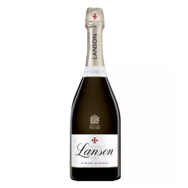 Bouteille de Champagne Lanson Le Blanc de Blancs, vue de face, étiquette dorée