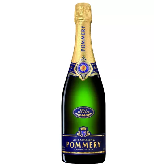 Bouteille de Champagne Pommery Brut Apanage, vue de face, étiquette bleue et dorée