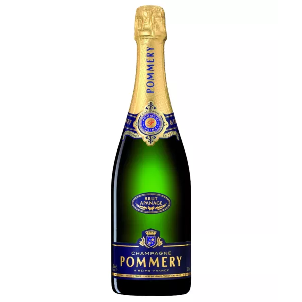 Bouteille de Champagne Pommery Brut Apanage, vue de face, étiquette bleue et dorée