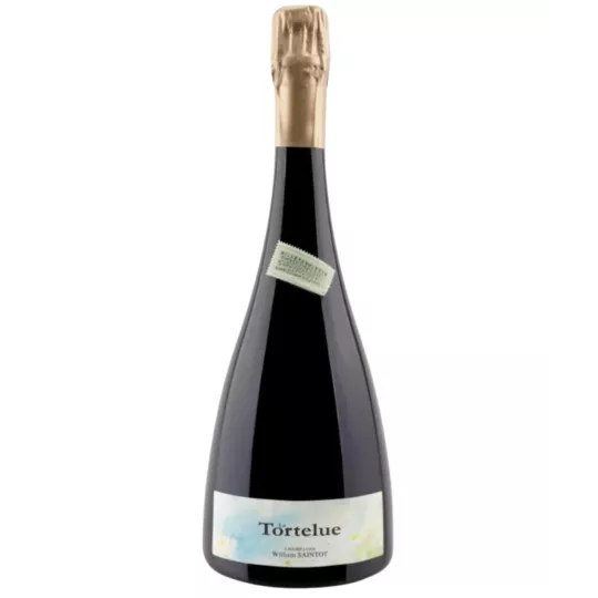 Bouteille de Champagne William Saintot La Tortelue, étiquette blanche, capsule dorée, vue de face