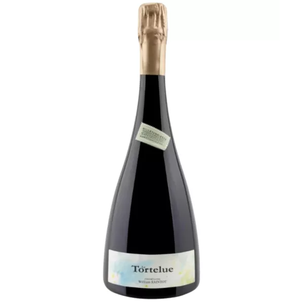Bouteille de Champagne William Saintot La Tortelue, étiquette blanche, capsule dorée, vue de face