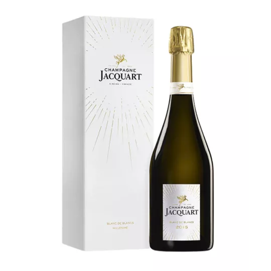 Bouteille de Champagne Jacquart Blanc de Blancs 2015, vue de face, étiquette blanche et dorée, capsule dorée