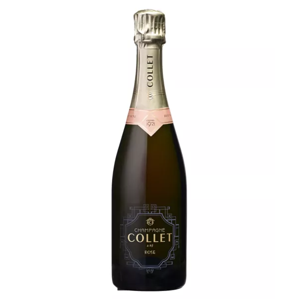 Bouteille de Champagne Collet Brut Rosé 75cl, vue de face, étiquette noire et capsule dorée