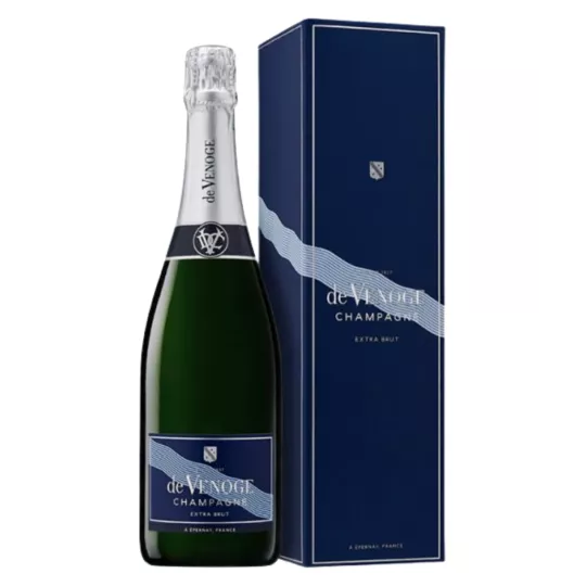Bouteille de Champagne Extra Brut De Venoge – assemblage Pinot Noir, Meunier et Chardonnay – faible dosage pour une dégustation