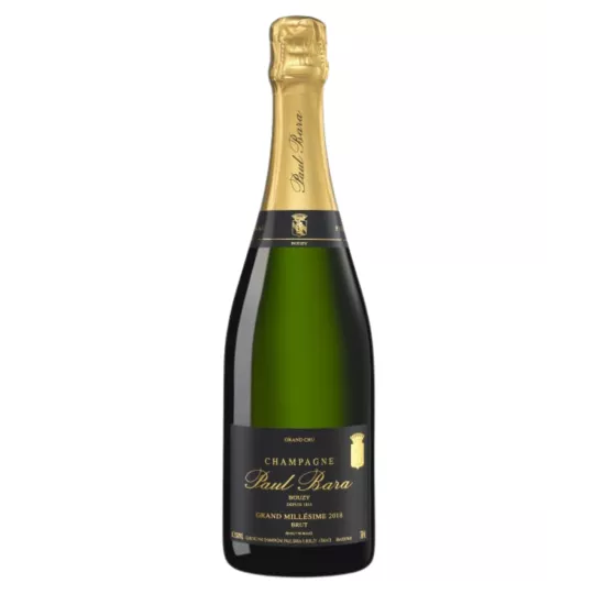 Bouteille de Champagne Paul Bara Grand Millésime 2018, étiquette noire et or, vue de face