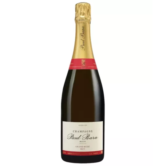 Bouteille de Champagne Paul Bara Grand Rosé, étiquette blanche et capsule dorée, vue de face