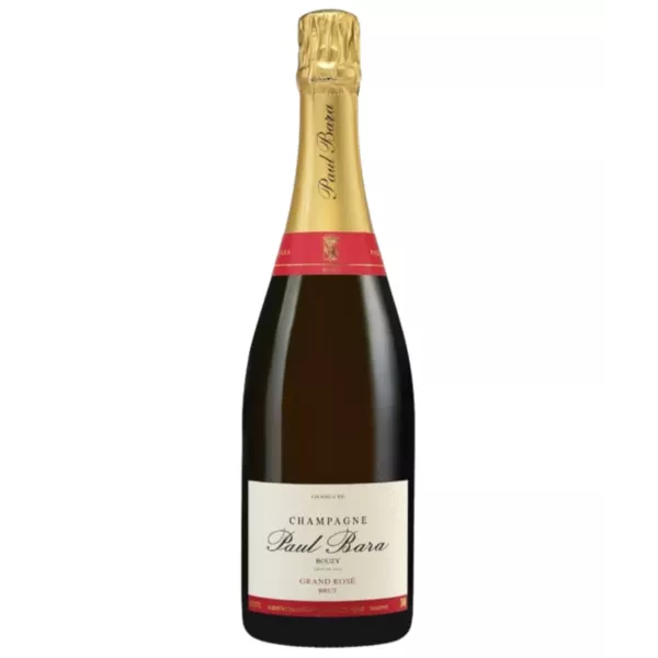 Bouteille de Champagne Paul Bara Grand Rosé, étiquette blanche et capsule dorée, vue de face