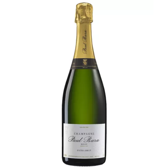 Bouteille de Champagne Paul Bara Extra Brut Grand Cru, vue de face, étiquette blanche, capsule dorée
