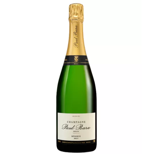 Bouteille de Champagne Paul Bara Brut Réserve, étiquette blanche et dorée, vue de face