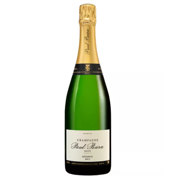 Bouteille de Champagne Paul Bara Brut Réserve, étiquette blanche et dorée, vue de face
