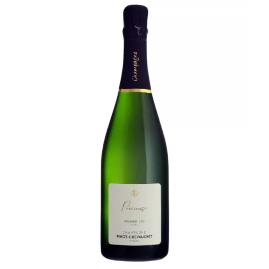 Bouteille de Champagne Pinot Chevauchet Précieuse, étiquette blanche et capsule noire, vue de face