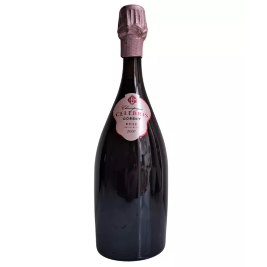 Bouteille de Champagne Gosset Célébris 2007 Rosé, vue de face, capsule rose