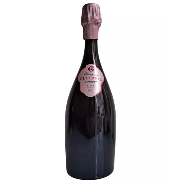 Bouteille de Champagne Gosset Célébris 2007 Rosé, vue de face, capsule rose