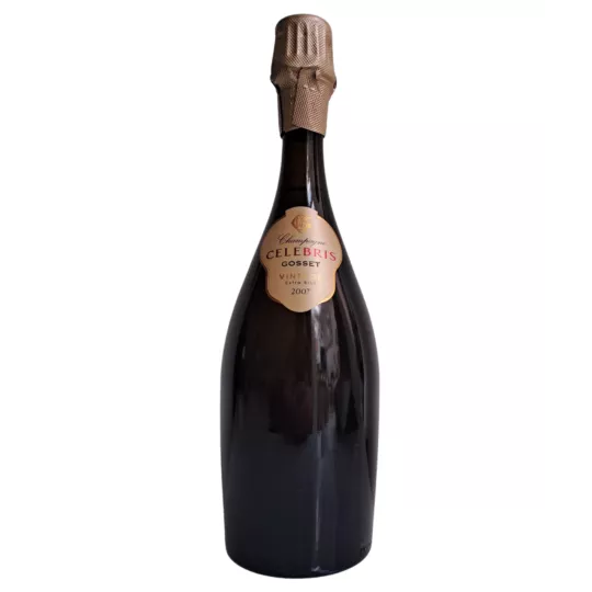 Bouteille de Champagne Gosset Célébris 2007 Extra-Brut, vue de face, étiquette dorée sur fond noir