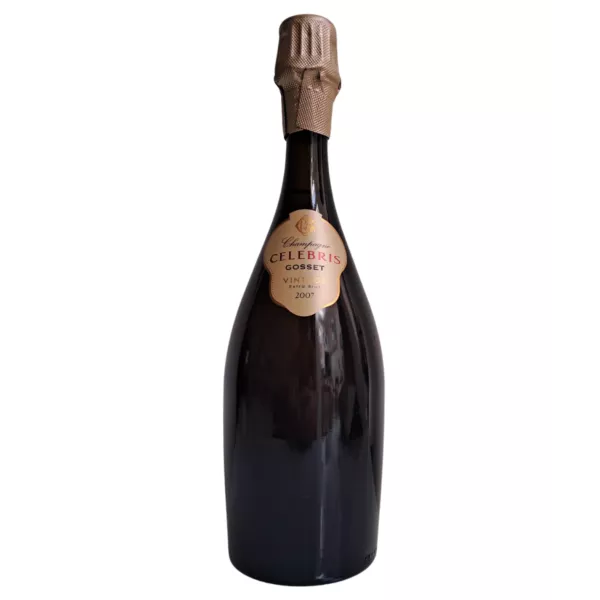 Bouteille de Champagne Gosset Célébris 2007 Extra-Brut, vue de face, étiquette dorée sur fond noir